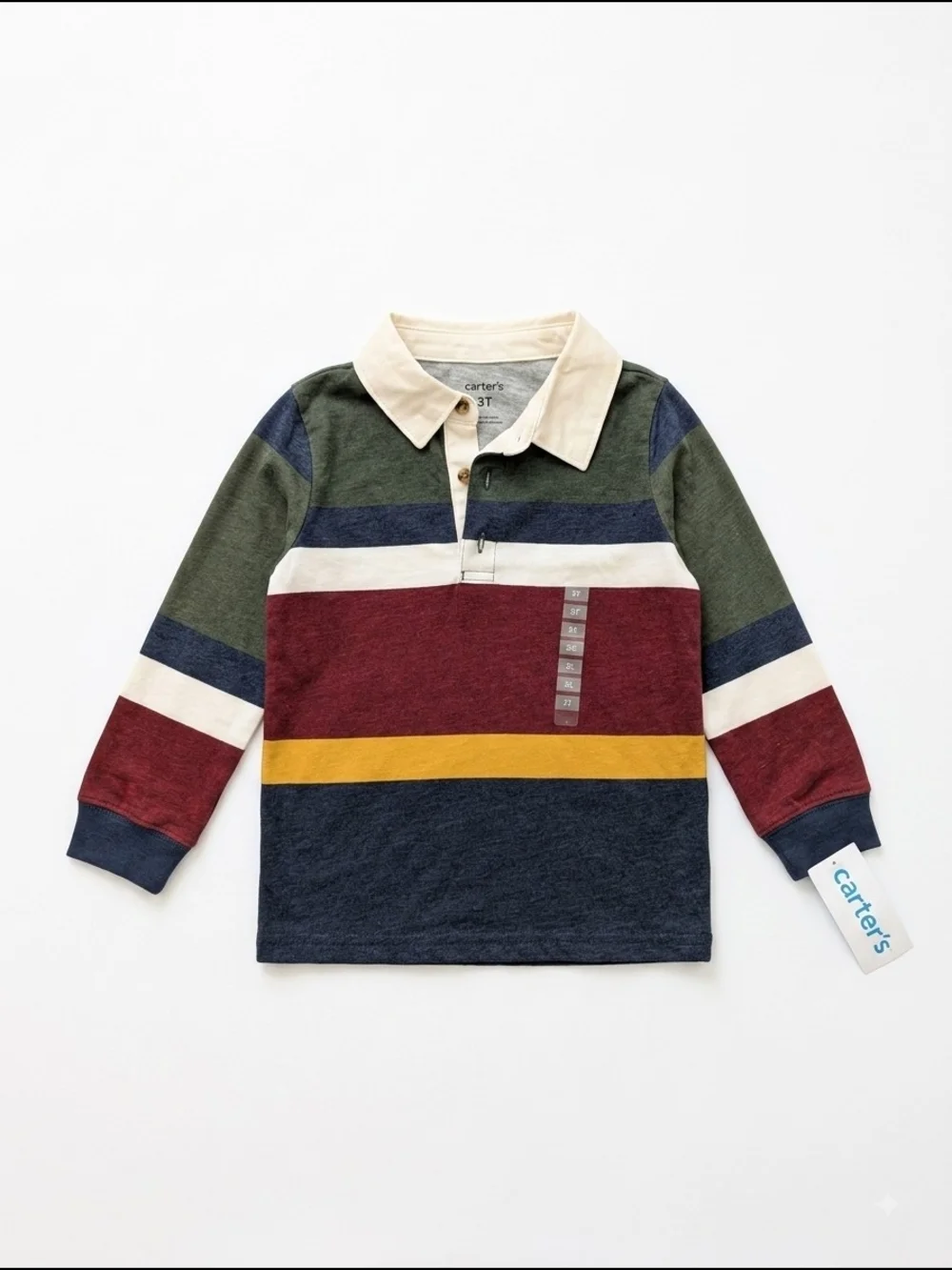 3T NWT Carter's Long-Sleeve Striped Rugby Polo in Olive, Navy & Burgundy